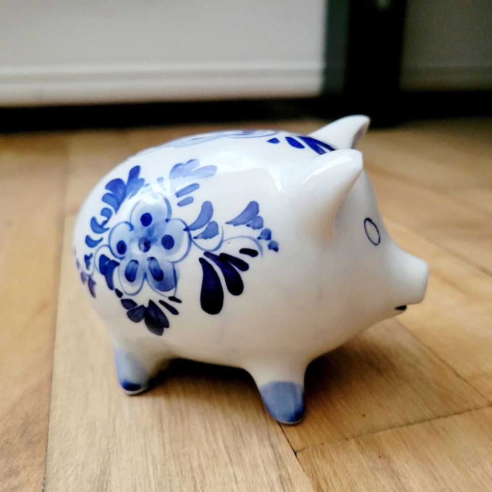 Vintage Handmade Delft Pottery Small Floral & Nautical Ship Dutch Piggy Bank